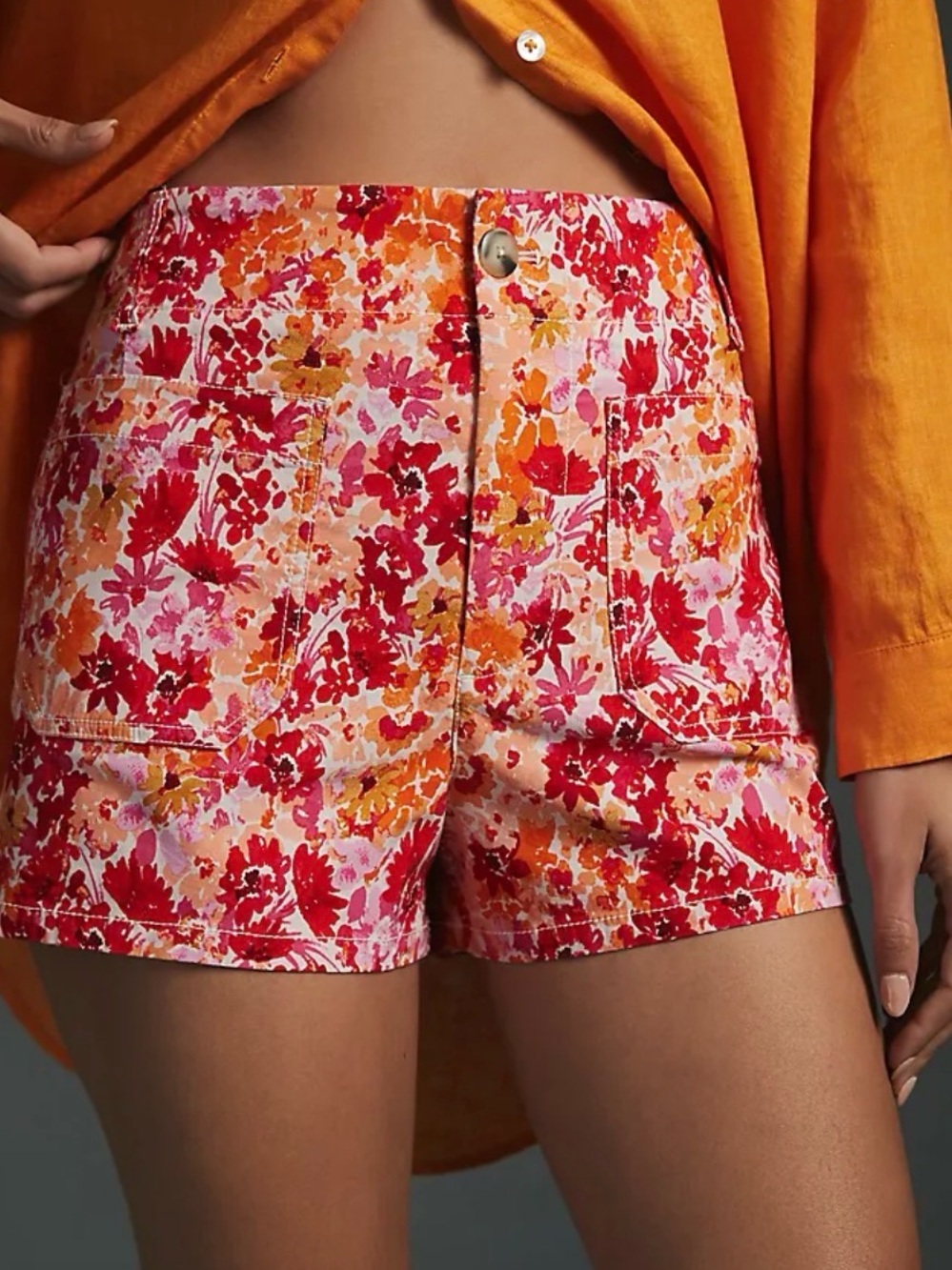 Anthropologie / Maeve - The Colette Floral High-Rise Shorts in Pink & Orange